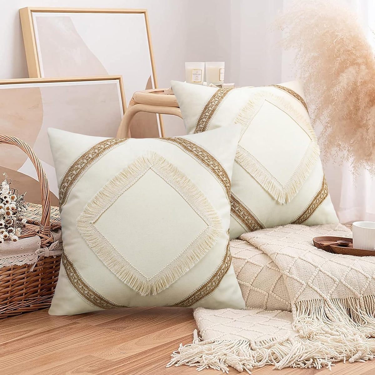 Boho Tassel Throw Pillow Covers, Set of 2 – Beige Neutral