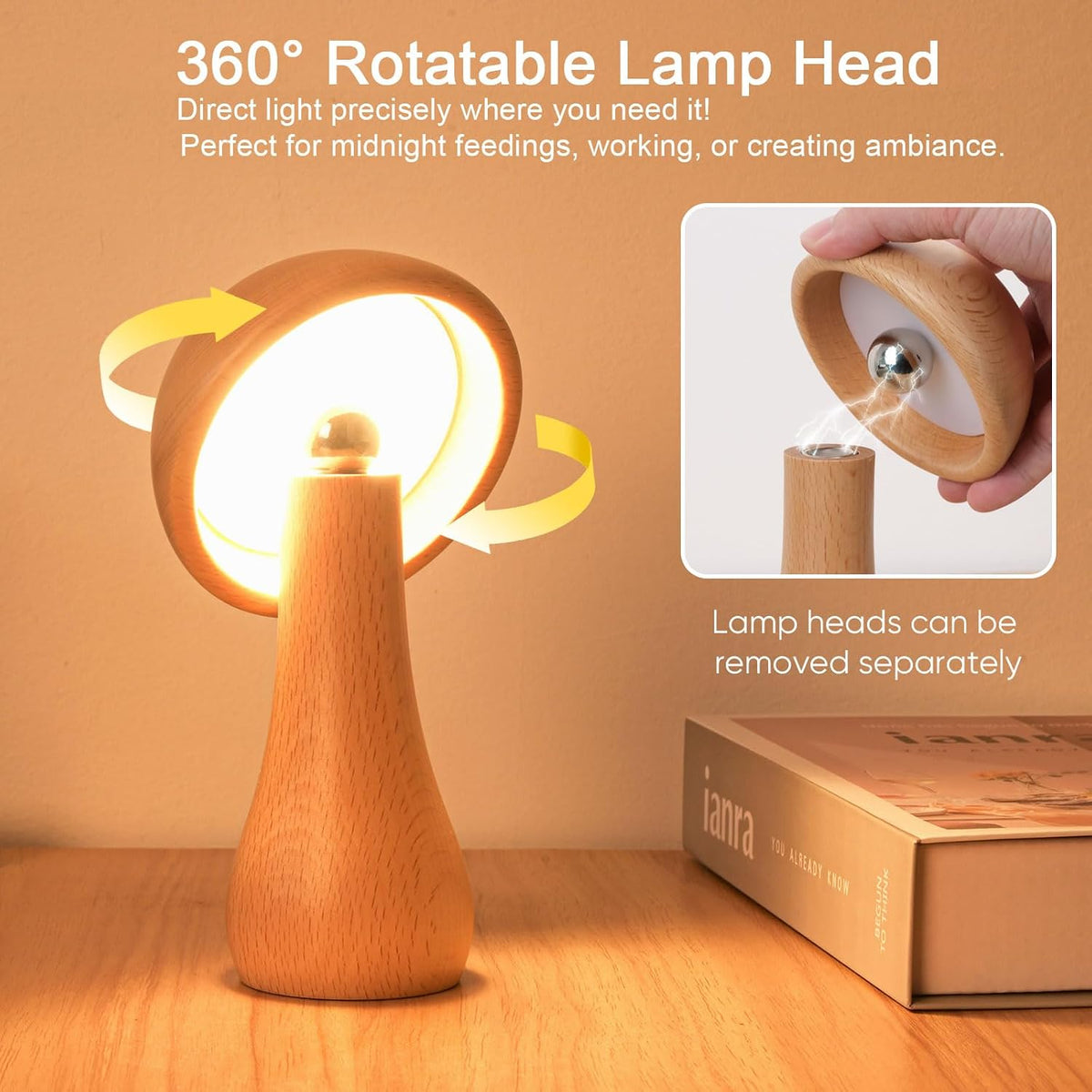 Wooden Mushroom Bedside Lamp – Cordless Touch Control