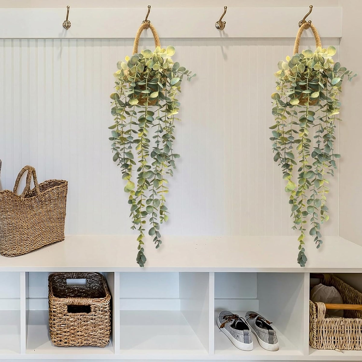 Faux Eucalyptus Hanging Plant in Woven Planter