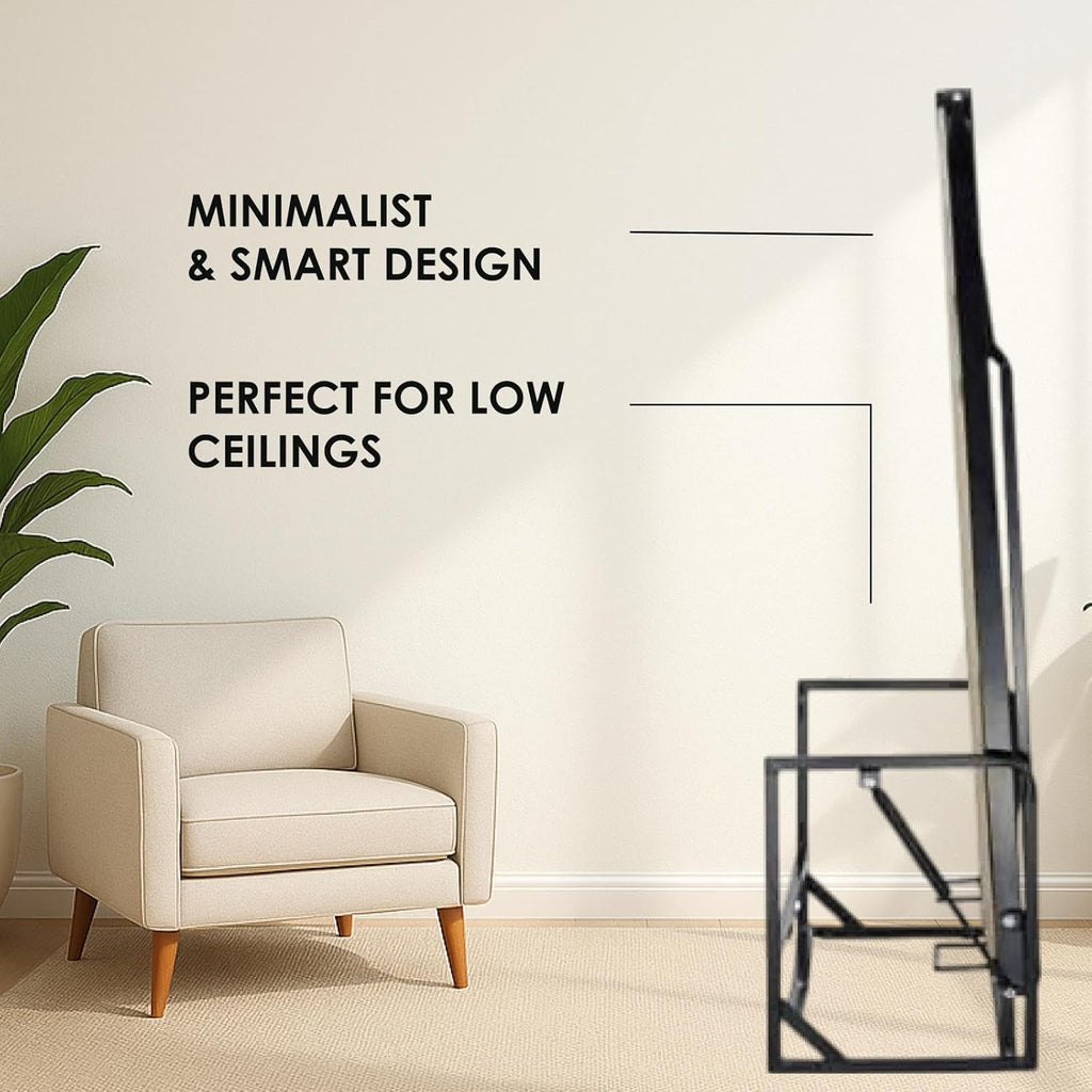 Folded murphy bed frame beside armchair, minimalist design