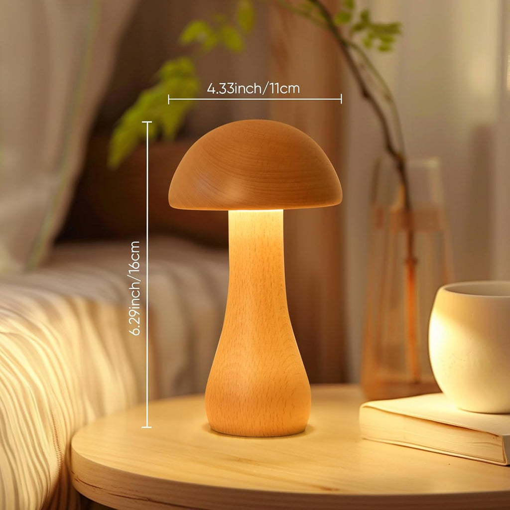 Wooden Mushroom Bedside Lamp – Cordless Touch Control