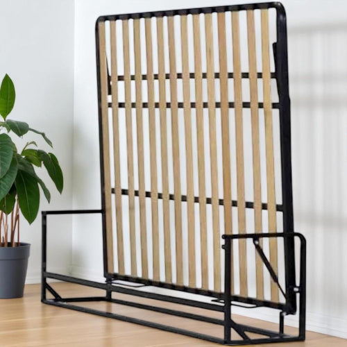 Queen murphy bed frame with wooden slats, folded upright