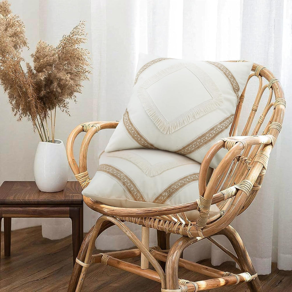 Boho Tassel Throw Pillow Covers, Set of 2 – Beige Neutral