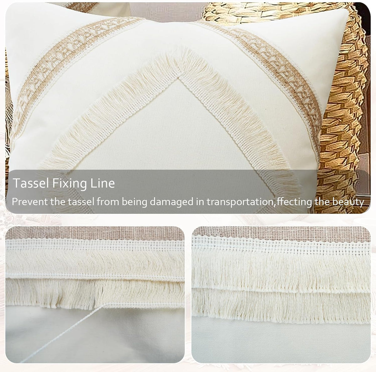 Boho Tassel Throw Pillow Covers, Set of 2 – Beige Neutral