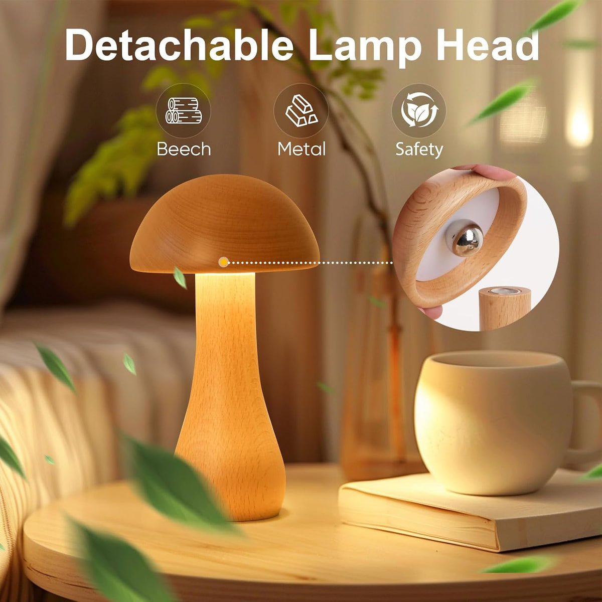 Wooden Mushroom Bedside Lamp – Cordless Touch Control