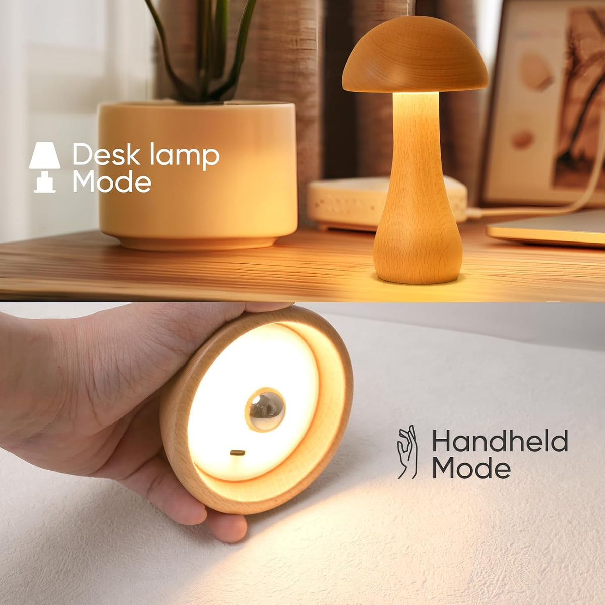 Wooden Mushroom Bedside Lamp – Cordless Touch Control