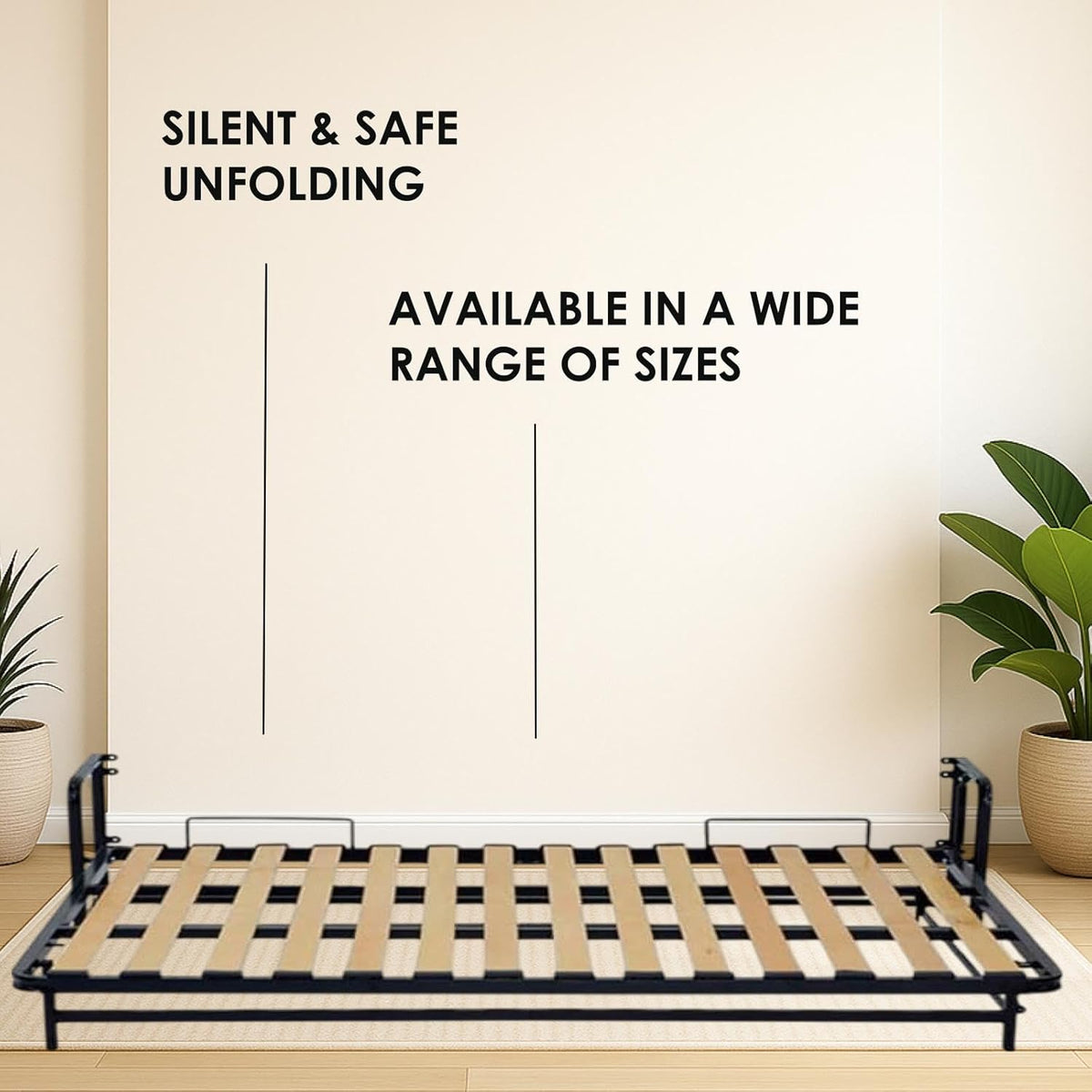 Unfolded murphy bed frame with slats, sizes marketing graphic