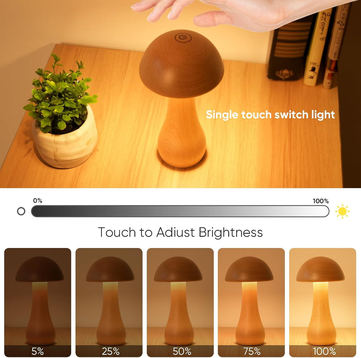 Wooden Mushroom Bedside Lamp – Cordless Touch Control