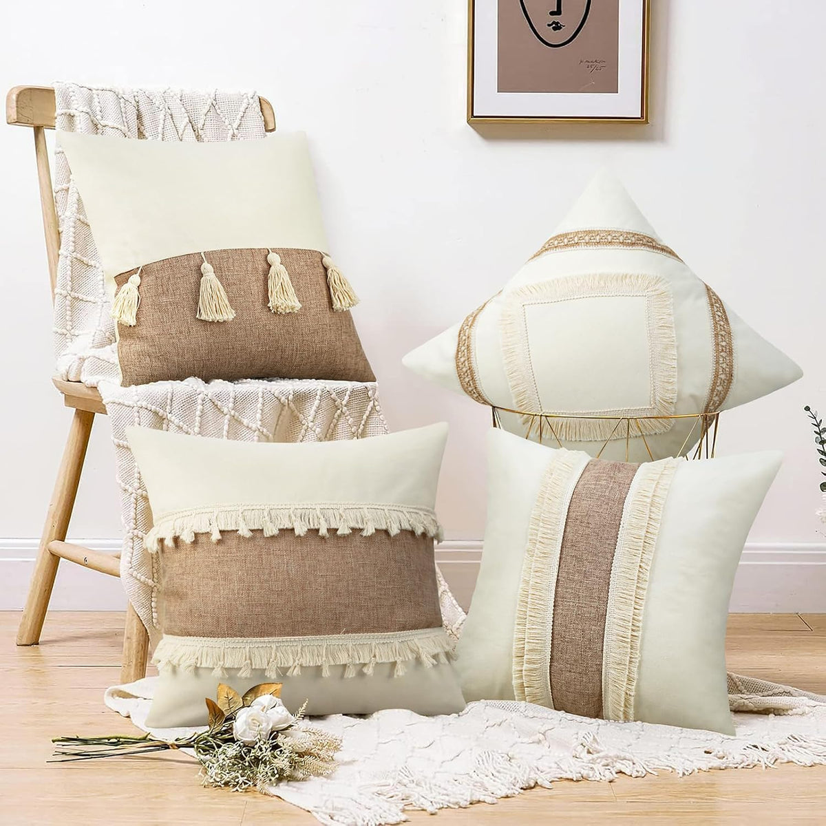 Boho Tassel Throw Pillow Covers, Set of 2 – Beige Neutral