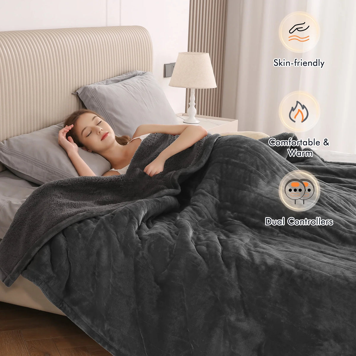 Heated Blanket Queen Size 84''X90'', Fast Heating with Dual Controllers Electric Blanket, 10 Heating Levels, 10H Timer, Preheat Function - Gray