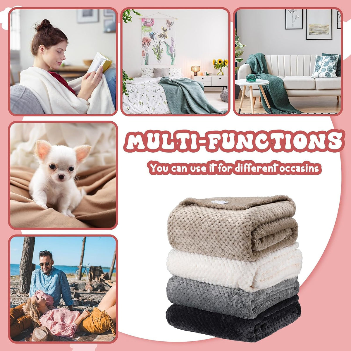 Waffle Knit Fleece Throw Blanket, Set of 4 – Neutral Tones
