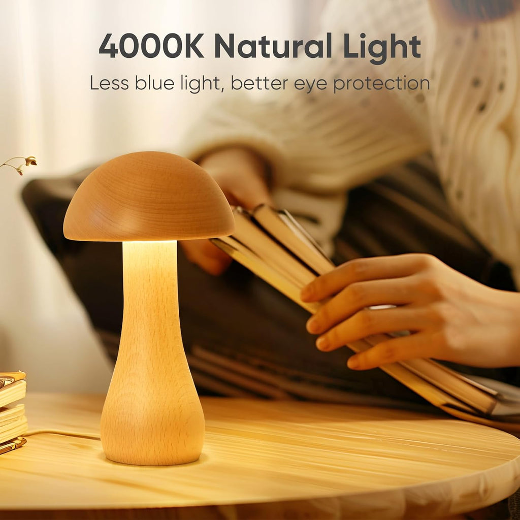 Wooden Mushroom Bedside Lamp – Cordless Touch Control