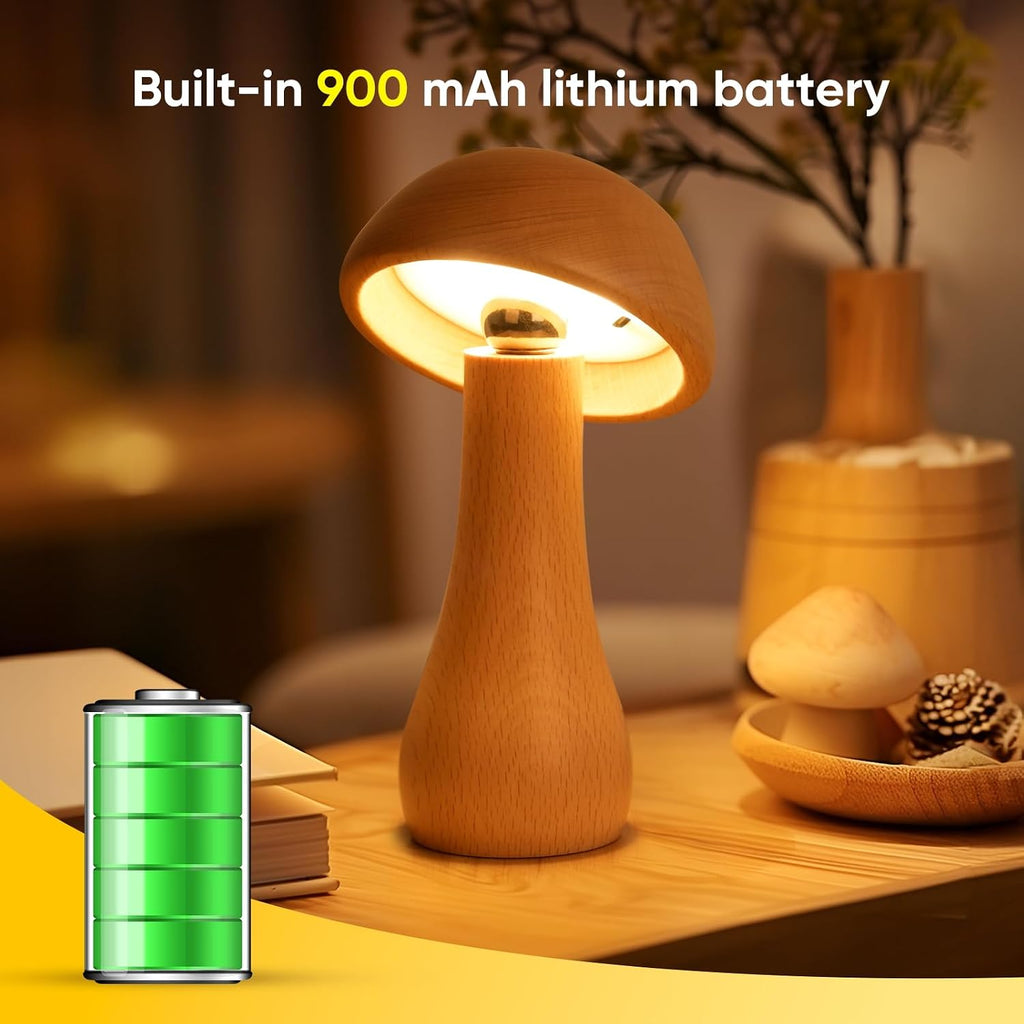 Wooden Mushroom Bedside Lamp – Cordless Touch Control