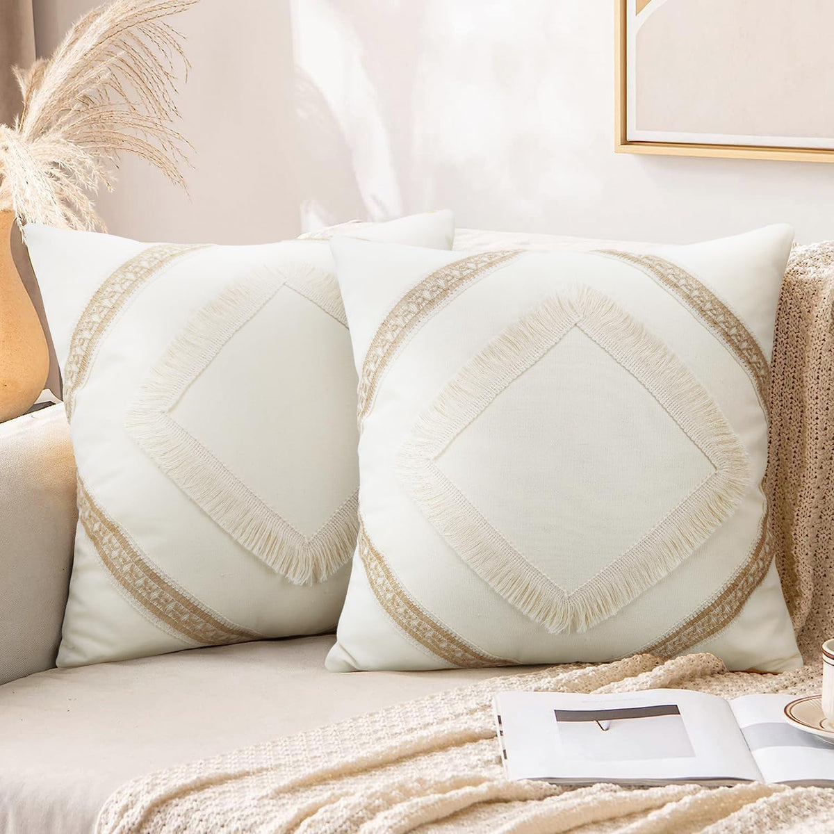 Boho Tassel Throw Pillow Covers, Set of 2 – Beige Neutral
