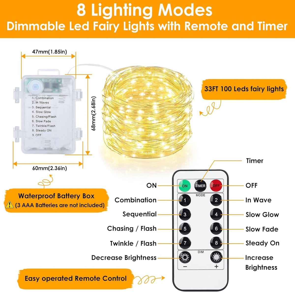 Warm White Fairy String Lights with Remote & Timer